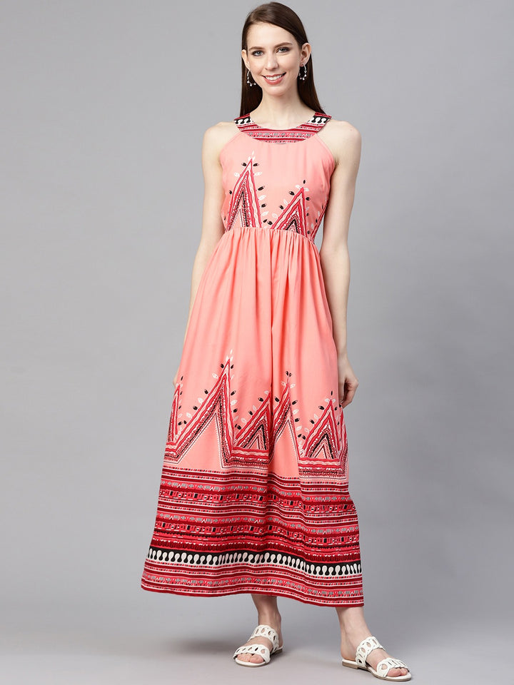 plusS Women Peach-Coloured  Red Printed Maxi Dress