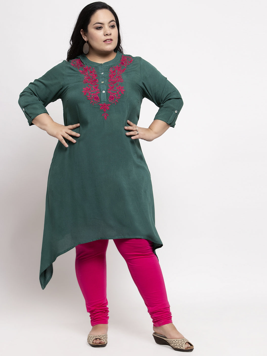 Women Green Embroidered A-Line Kurta