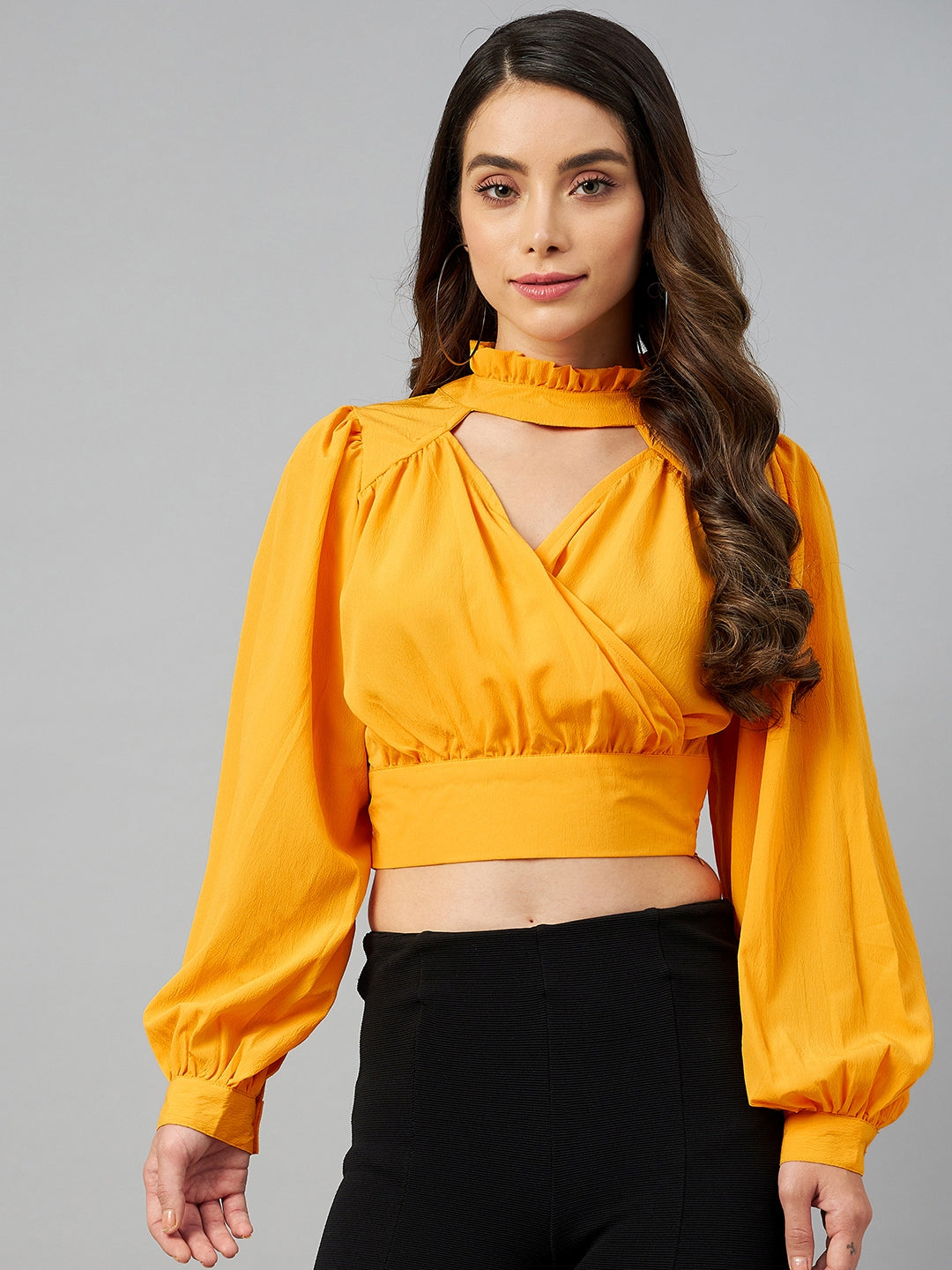 plusS Yellow Solid Mandarin Collar Wrap Crop Top