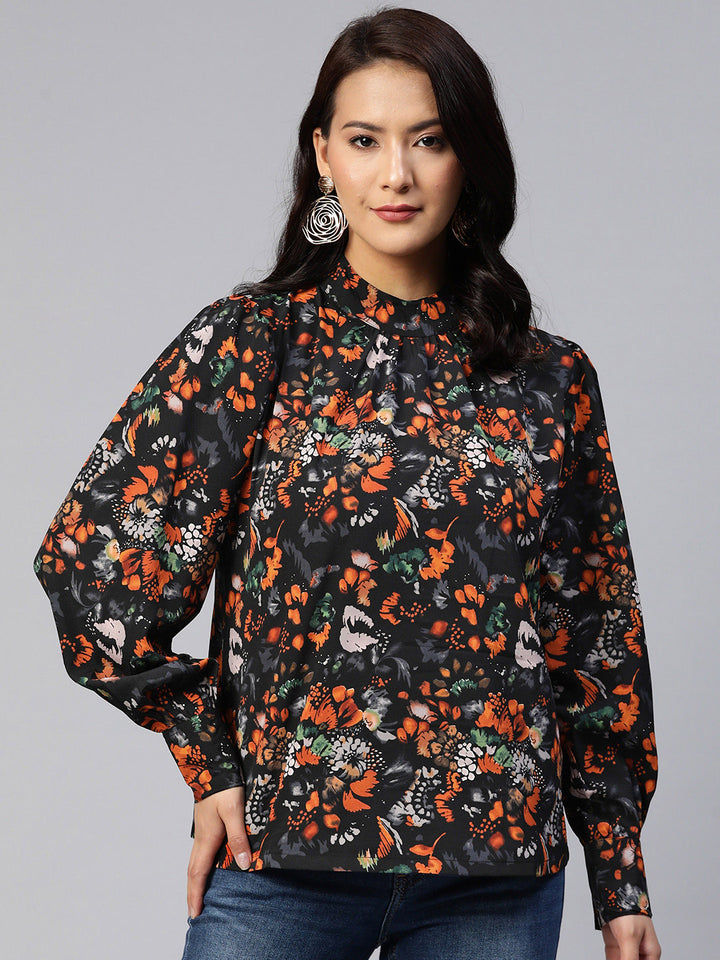 plusS Floral Print Puff Sleeves Top