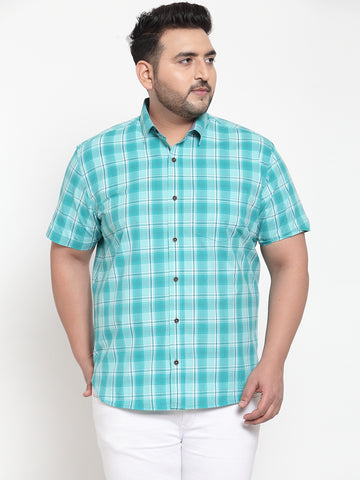 Men Sea Green & Off-White Regular Fit Checked Casual Shirt