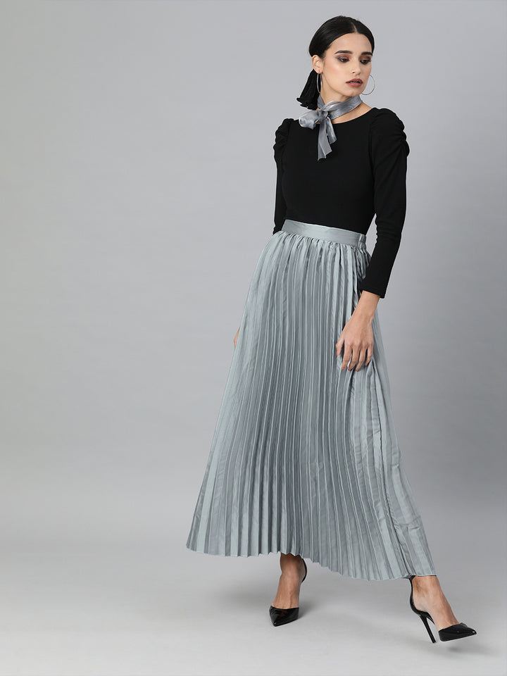 plusS Blue Satin Finish Accordion Pleated A-Line Skirt