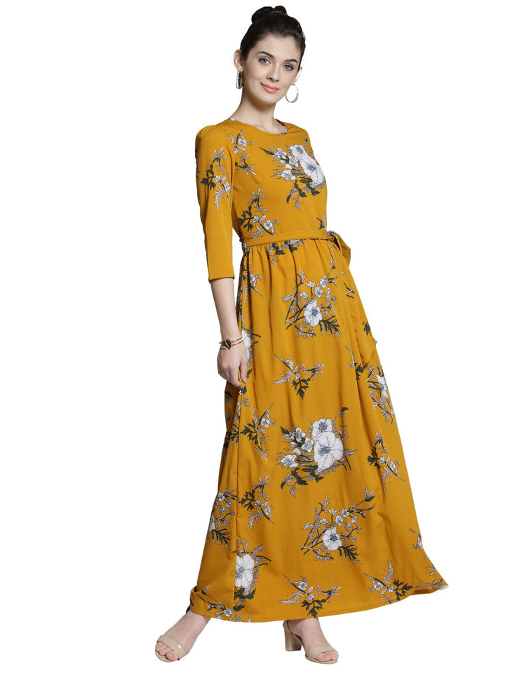 plusS Women Mustard Yellow Floral Printed Maxi Dress