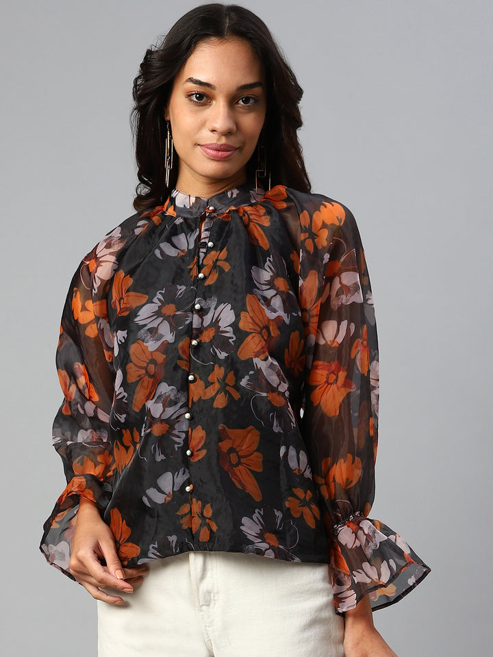 plusS Black  Orange Floral Print Mandarin Collar Top