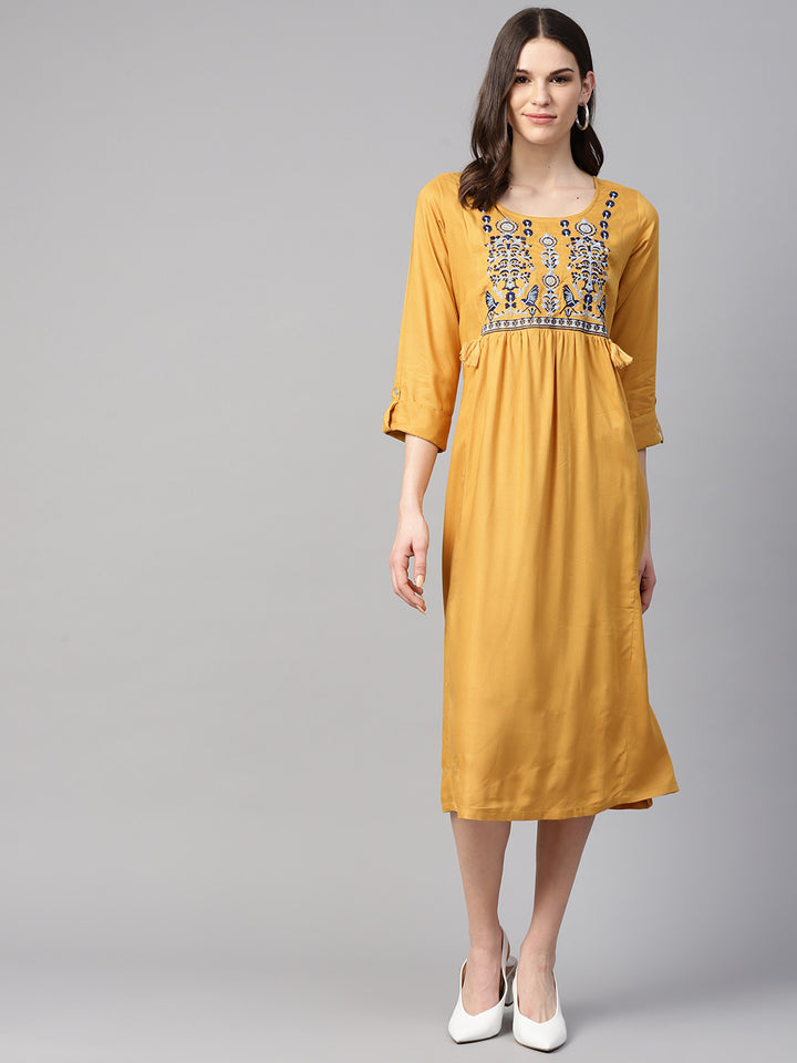 Women Mustard Yellow Solid A-Line Dress with Embroidered Detail