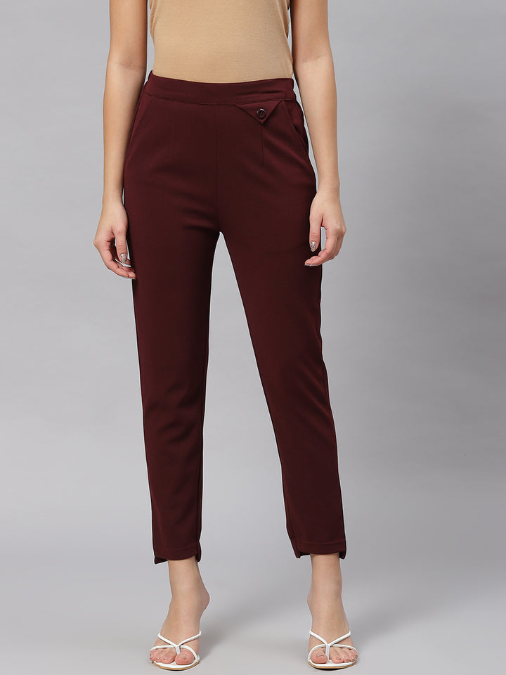 Women Maroon Solid Mid-Rise Regular Fit Trousers