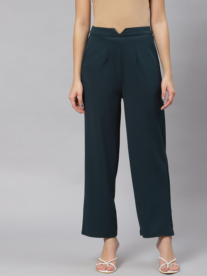 Women Green Solid Mid-Rise Regular Fit Trousers