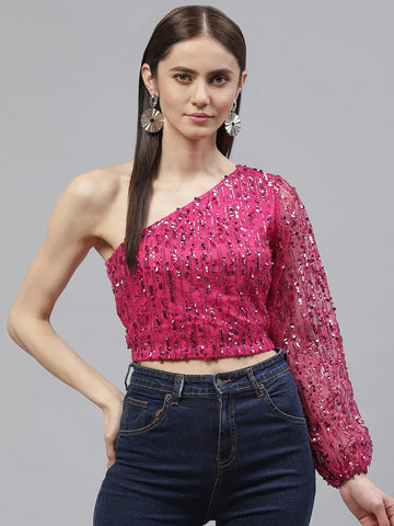 plusS Women Fuchsia One Shoulder Sequined Poly Georgette Crop Top