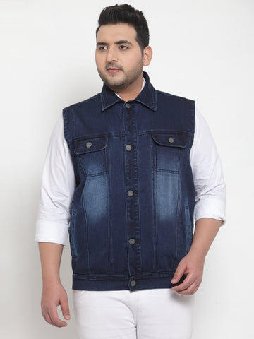 Men Blue Solid Denim Jacket