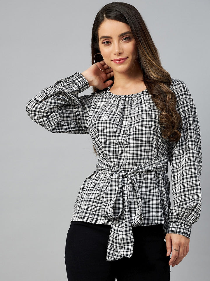 plusS Black  White Checked Tie-Up Detail Monochrome Top