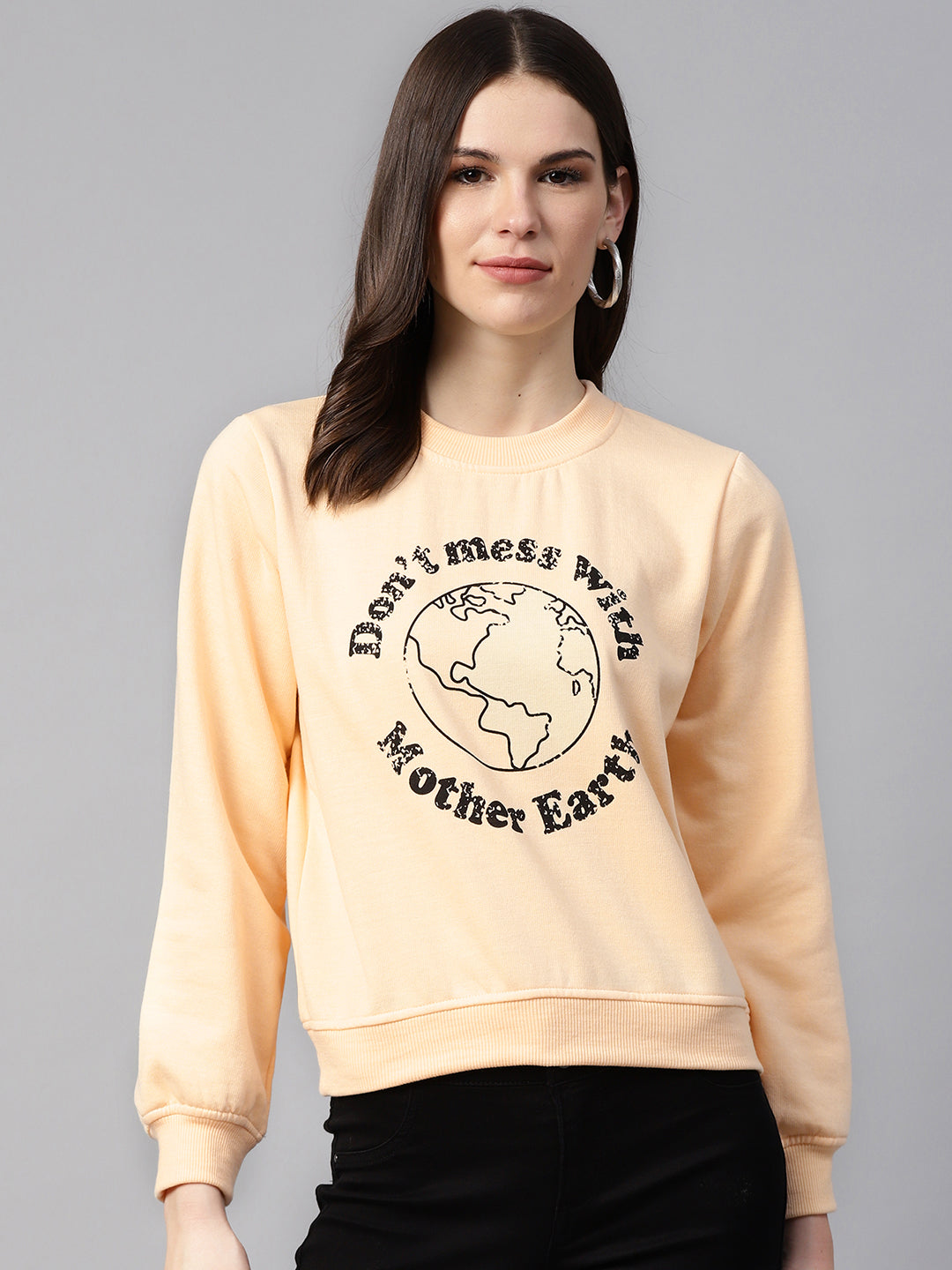 plusS Women Peach-Coloured  Black Typography Print Sweatshirt