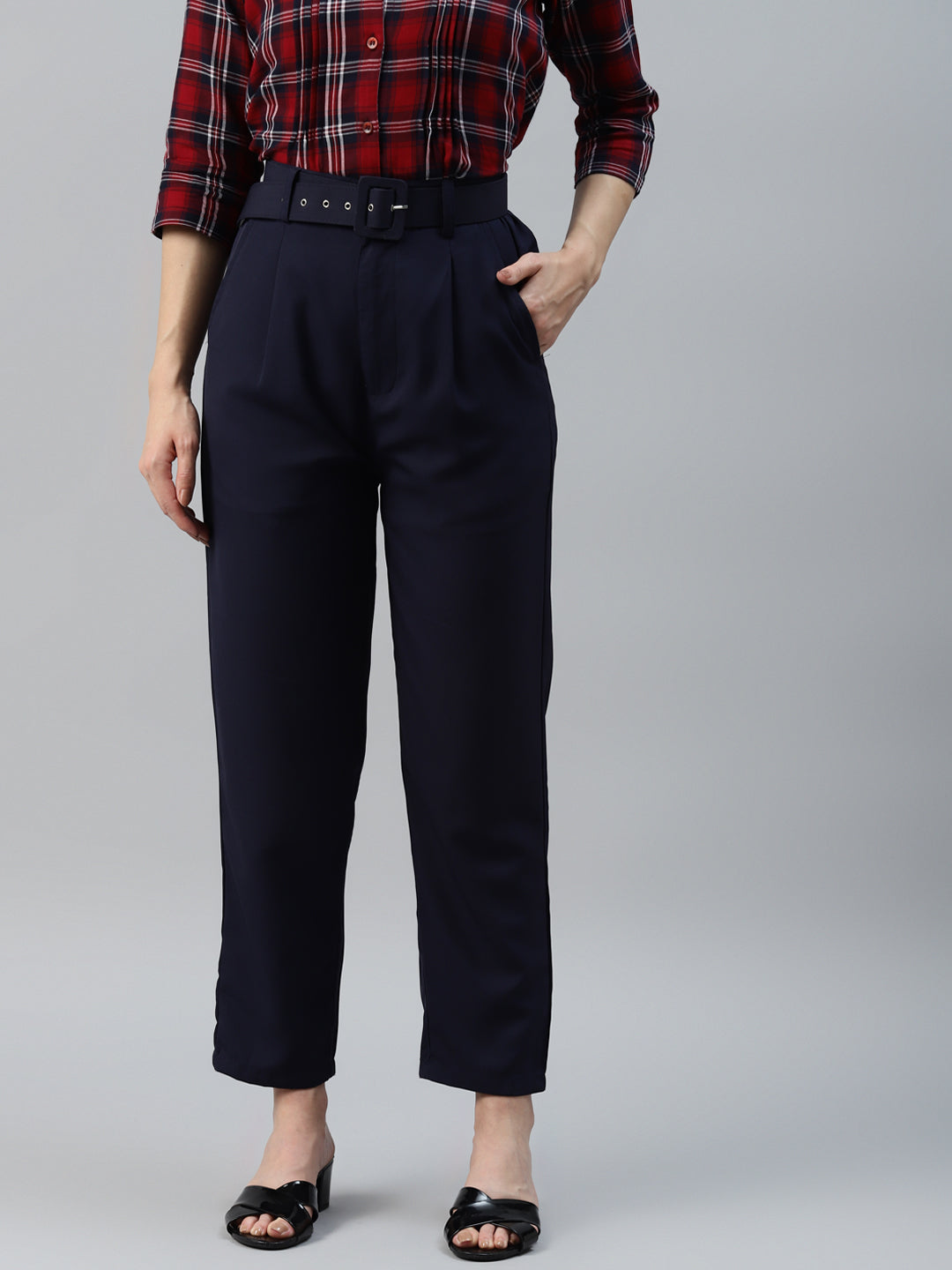 plusS Women Navy Blue Solid Pleated Trousers with Belt