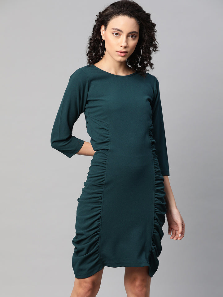 plusS Women Teal Green Ruched Solid Sheath Dress