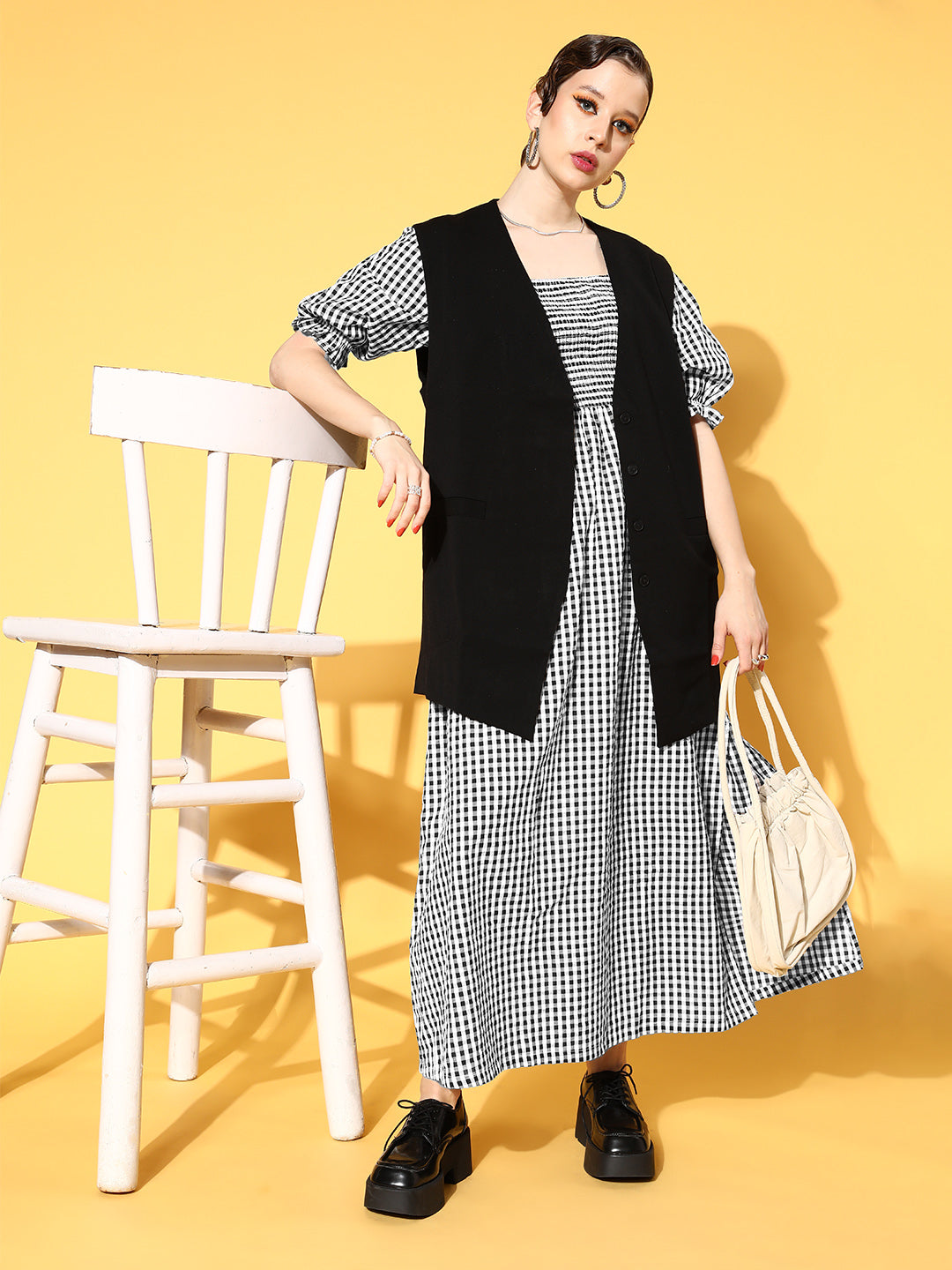 plusS Black  White Checked Maxi Dress