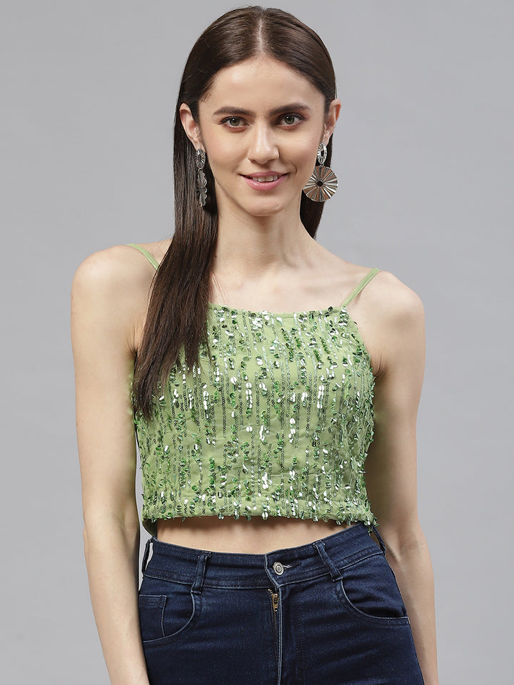 plusS Women Green Sequined Poly Georgette Crop Top