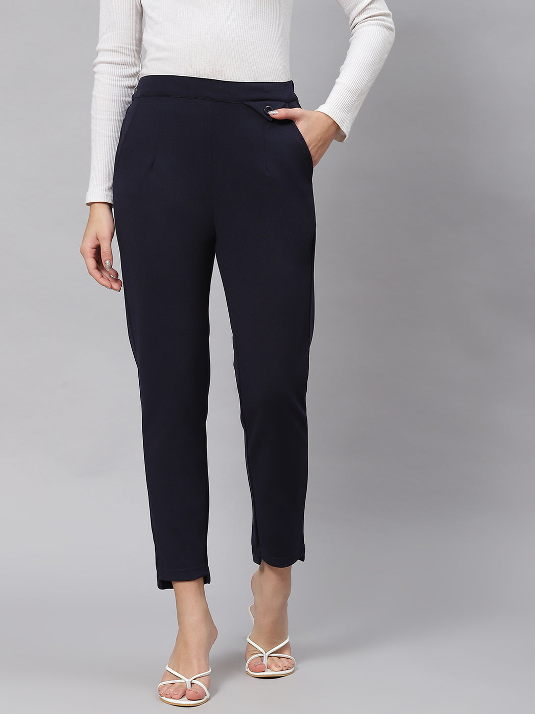 plusS Women Navy Blue Solid Mid-Rise Regular Fit Trousers