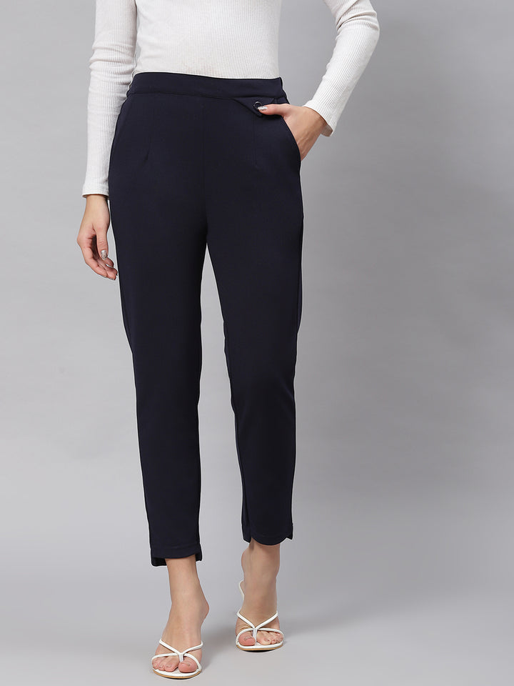 plusS Women Navy Blue Solid Mid-Rise Regular Fit Trousers