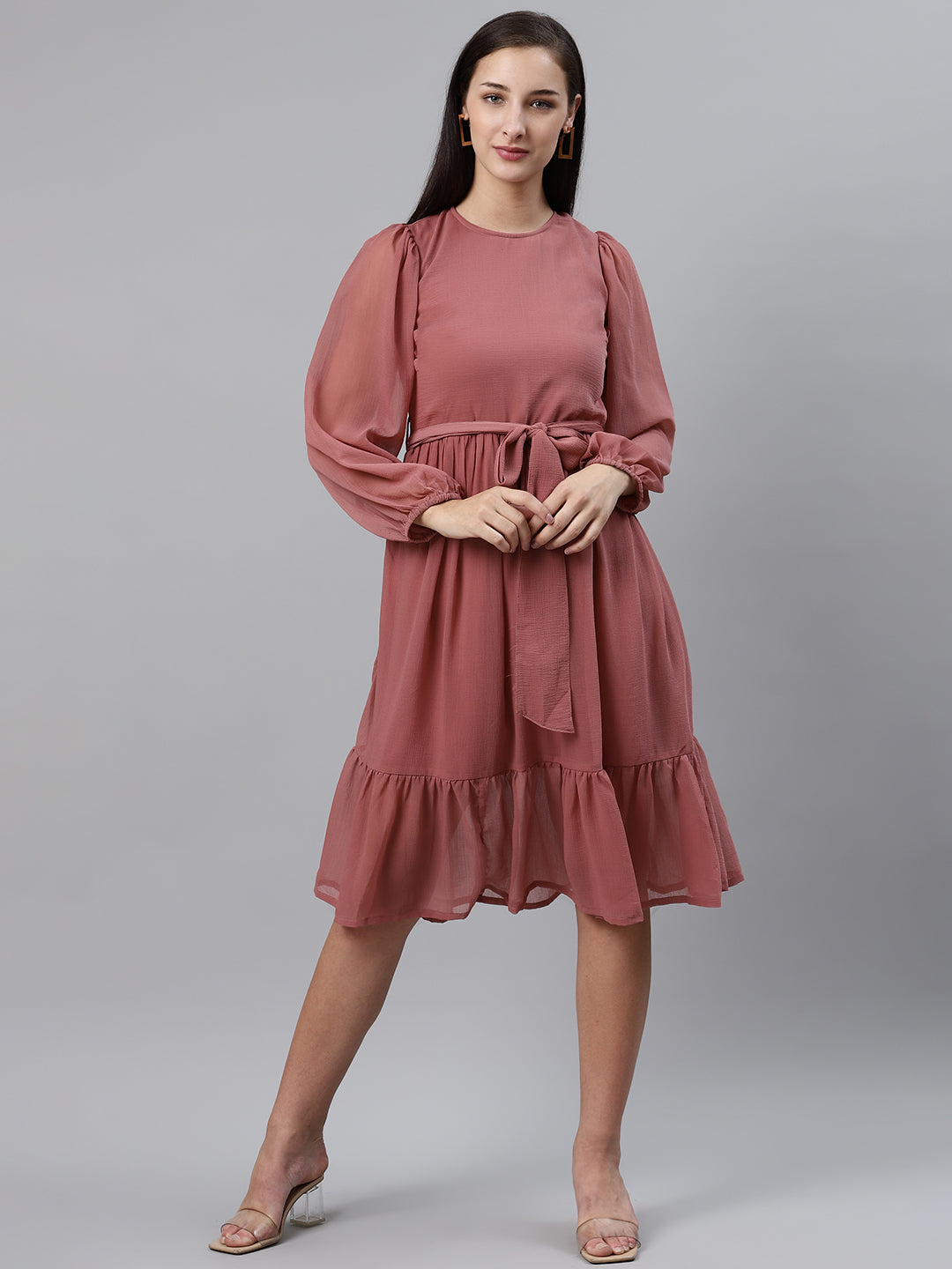 plusS Women Dusty Pink Solid A-Line Dress