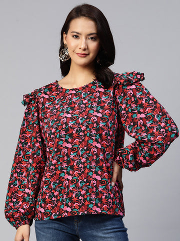 Floral Print Puff Sleeves Ruffled Top