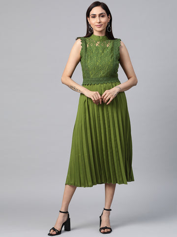 plusS Women Olive Green Self Design A-Line Dress