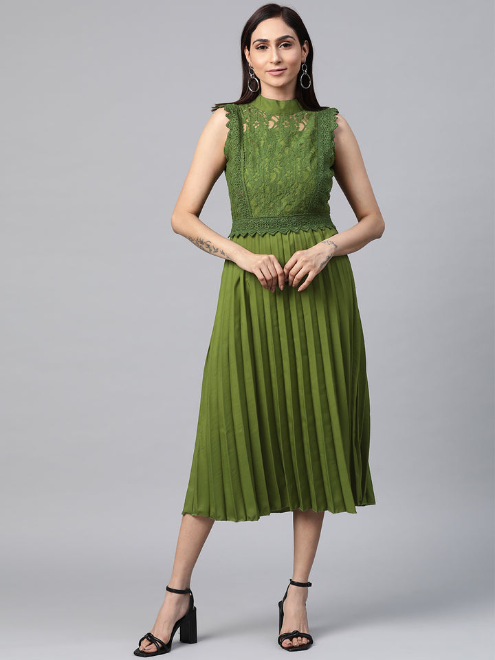 plusS Women Olive Green Self Design A-Line Dress