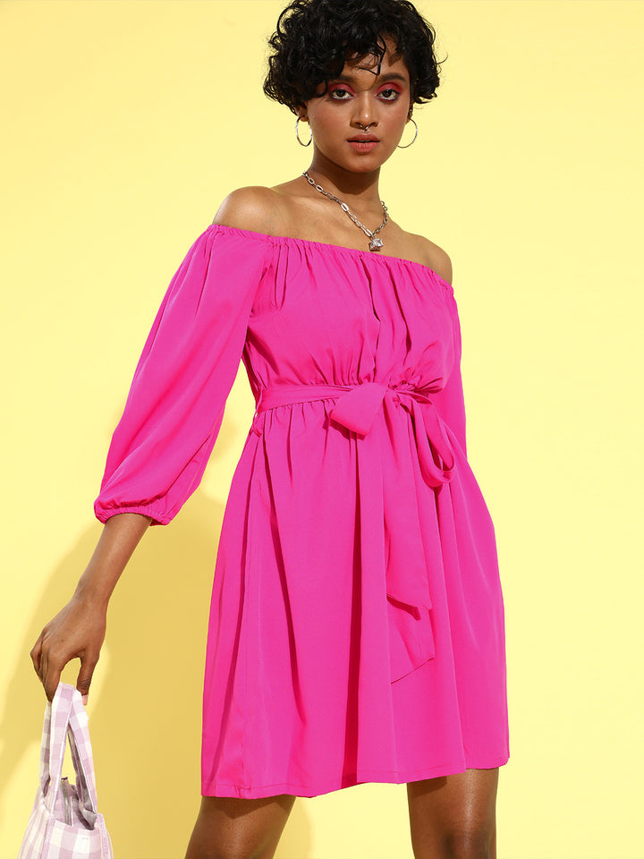 Women Pretty Pink Solid Sweetheart Neck Dress