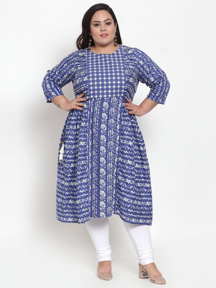 Women Blue & White Printed A-Line Kurta