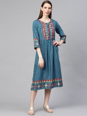 Blue  Pink Ethnic Motifs Ethnic A-Line Midi Dress