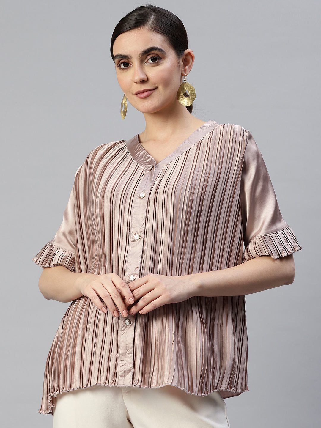 V-Neck Accordion Pleats Shirt Style Top