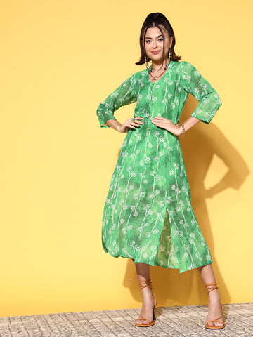 Women Elegant Green Floral Print Parade Dress