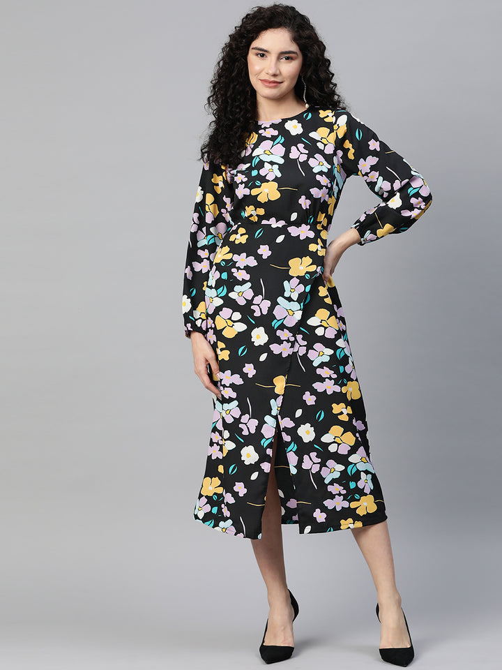 Floral Print Puff Sleeve A-Line Midi Dress