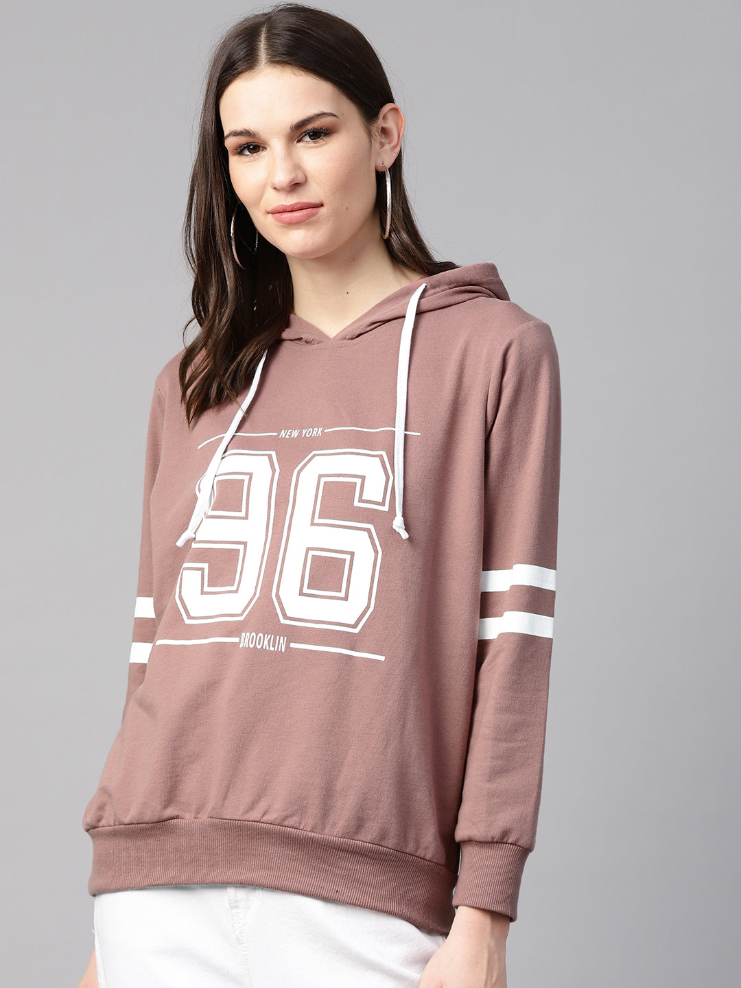 plusS Women Dusty Pink  White Printed Hooded Sweatshirt