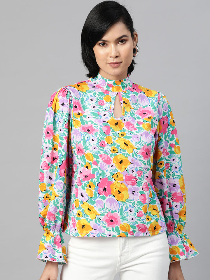 plusS Multicoloured Floral Print Bell Sleeves Keyhole Neck Top