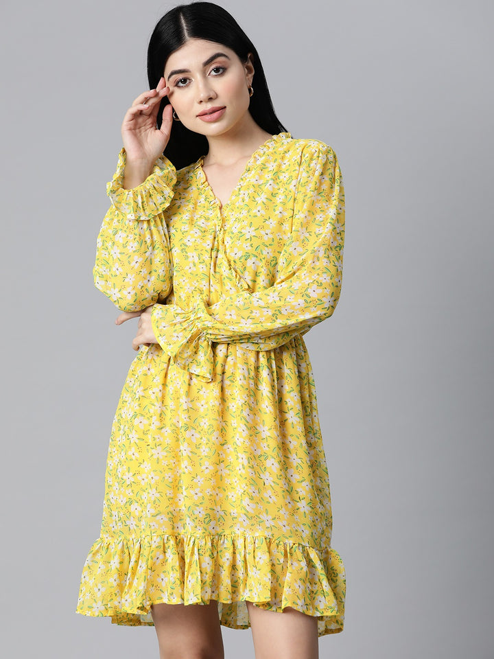 plusS Women Yellow  White Floral Printed Bell Sleeves Dress with Ruffle Detail