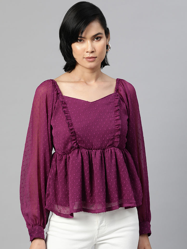 plusS Purple Sweetheart Neck Ruffles Cinched Waist Top