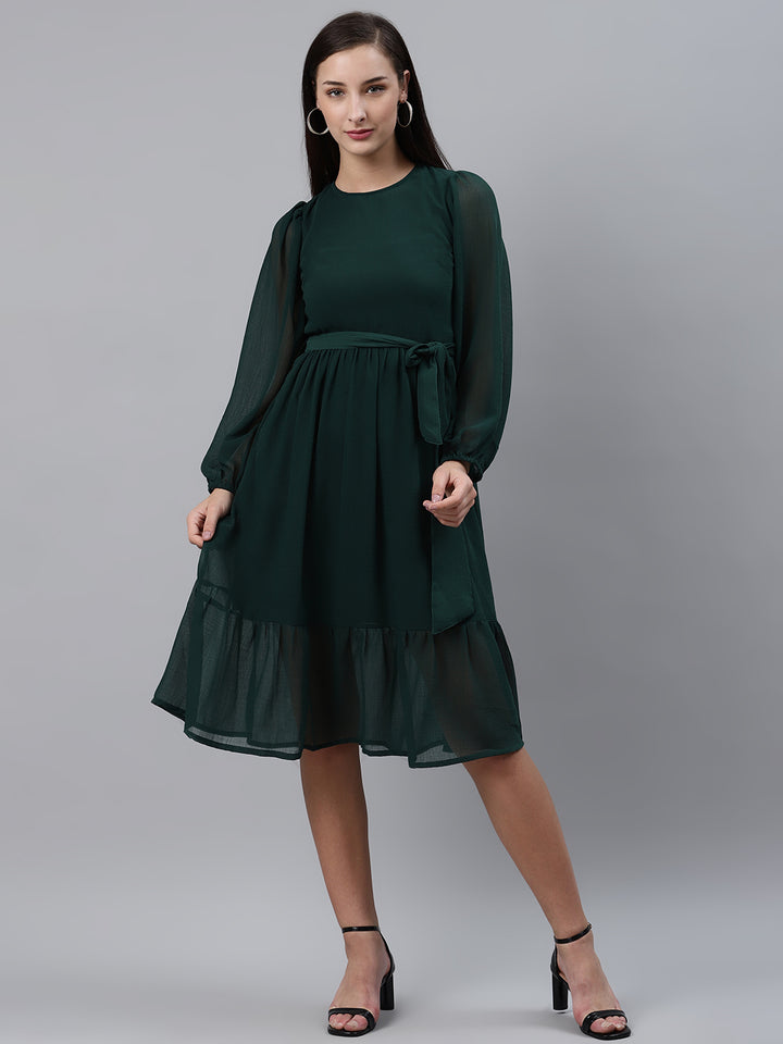 plusS Women Green Solid Fit and Flare Dress with Belt