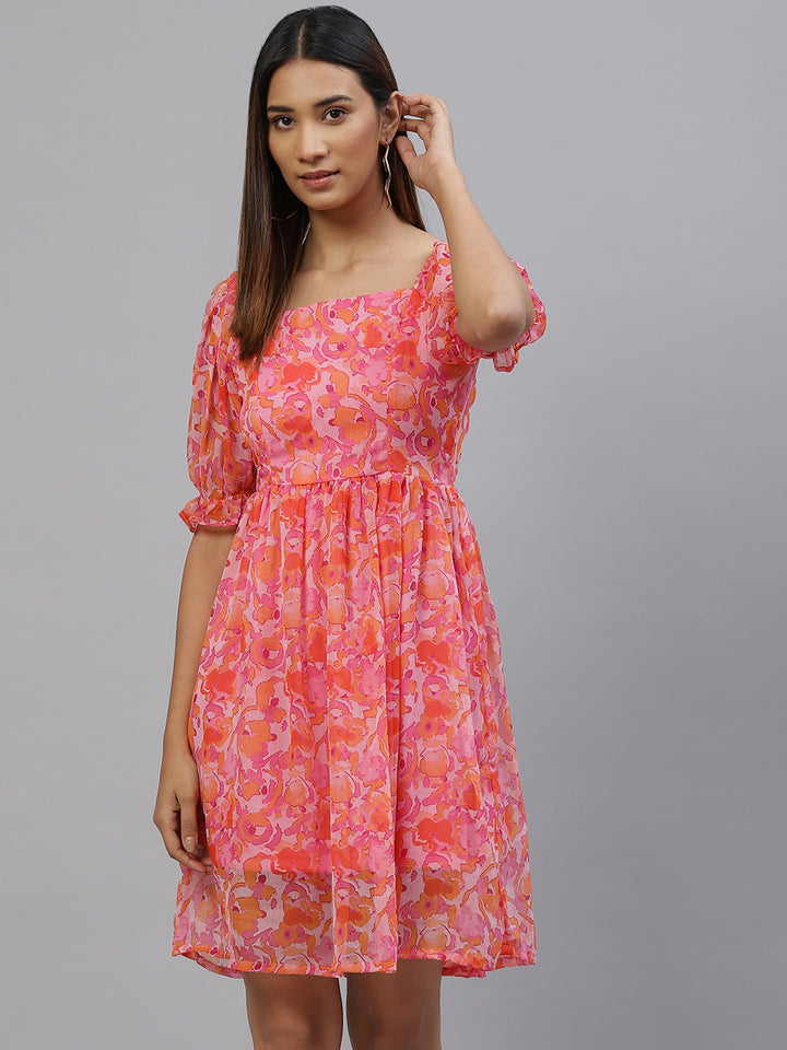 Pink Floral Print A-Line Dress