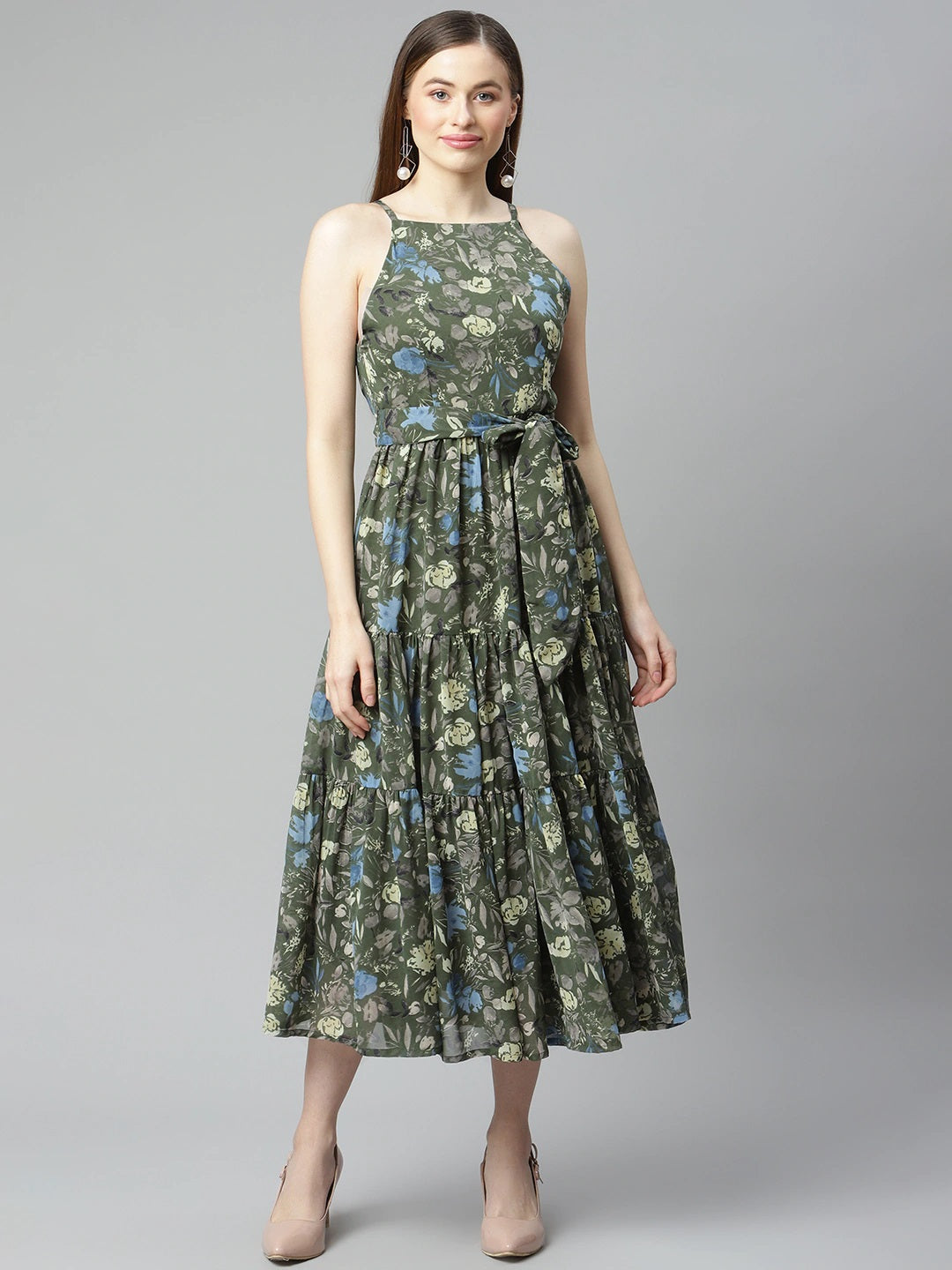 Blue Floral Printed A-Line Midi Tiered Dress