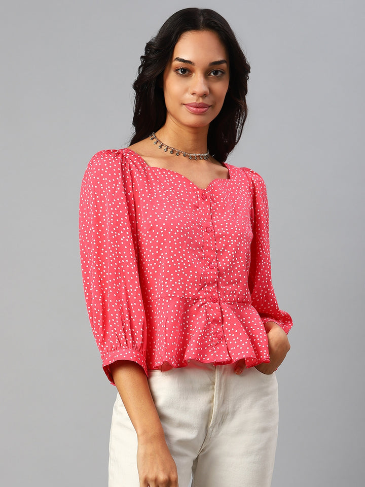 plusS Pink  White Polka Dots Print Sweetheart Neck Peplum Top