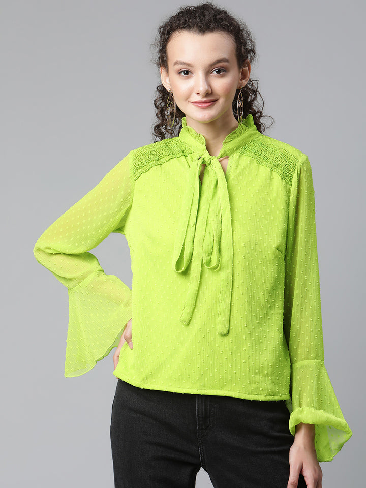 plusS Women Fluorescent Green Self Design Dobby Weave Top