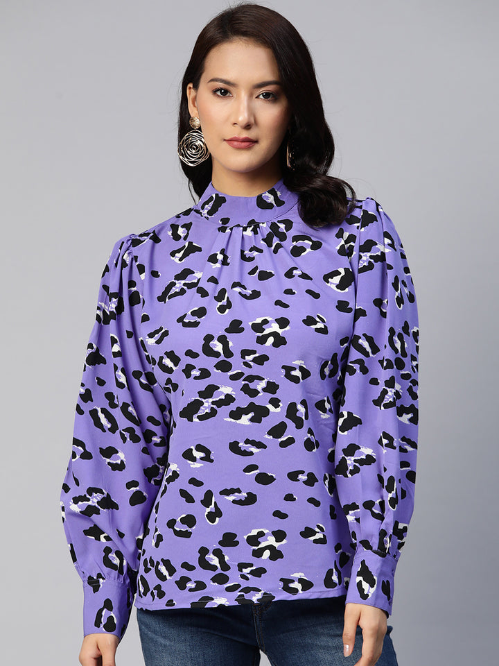 plusS Animal Print High Neck Top