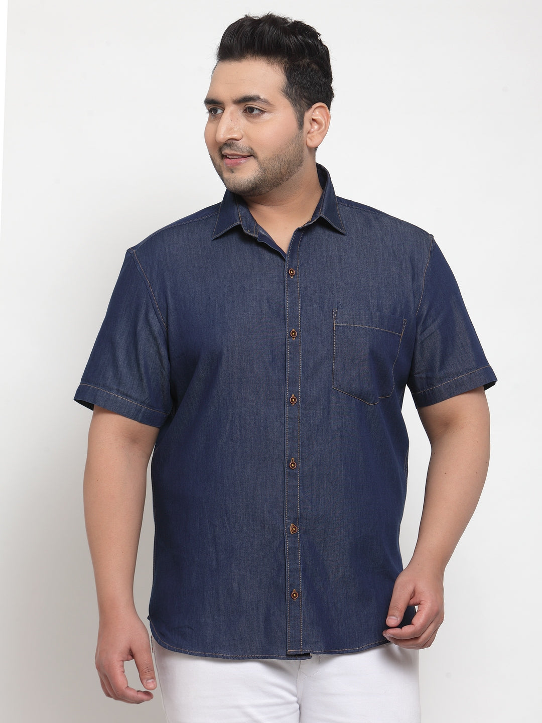 Men Navy Blue Regular Fit Solid Casual Denim Shirt