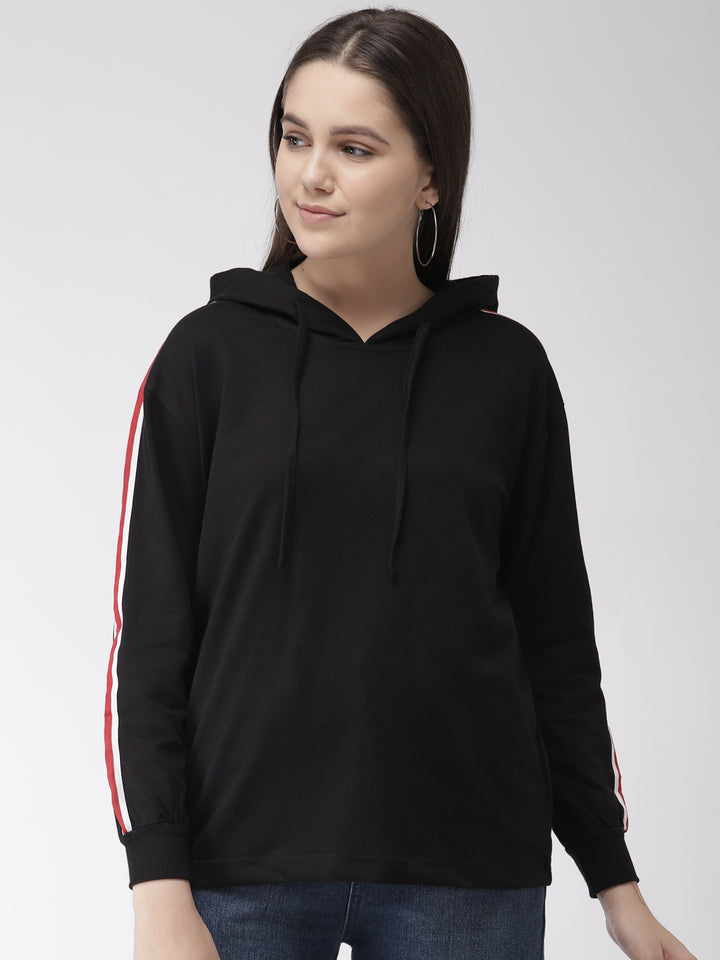 Women Black Solid Hooded Sweatshirt