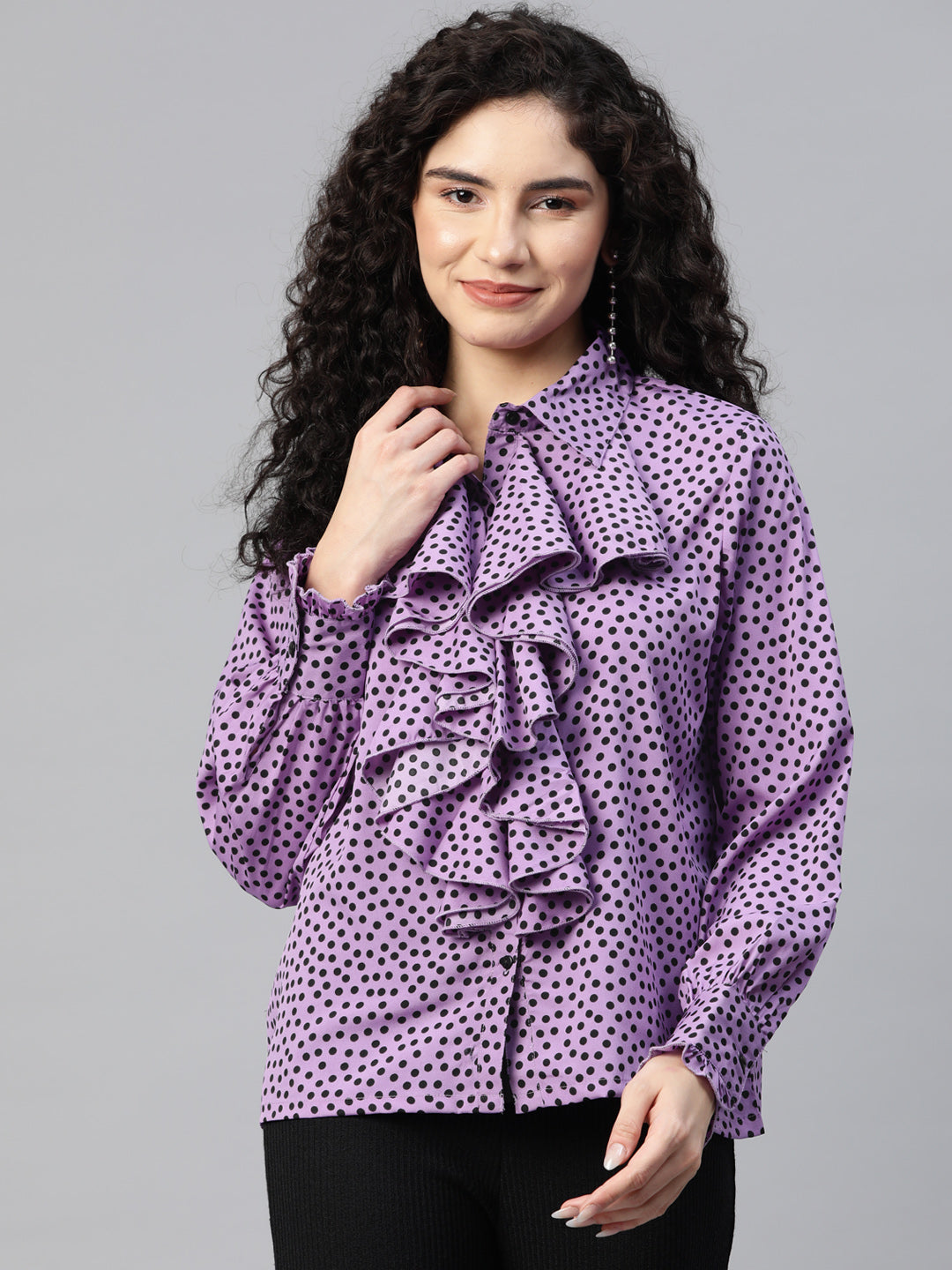 plusS Polka Dot Print Puff Sleeve Ruffles Shirt Style Top