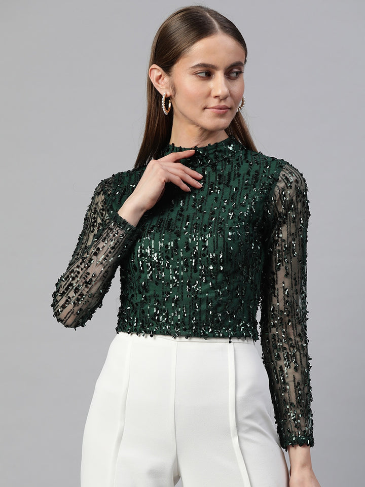 Teal-Green Embellished Mandarin Collar Top