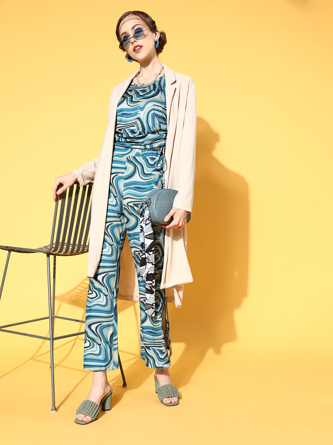 Women Green Abstract Print Side-Slit Trousers