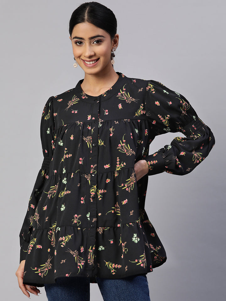 plusS Floral Print Georgette Longline Top