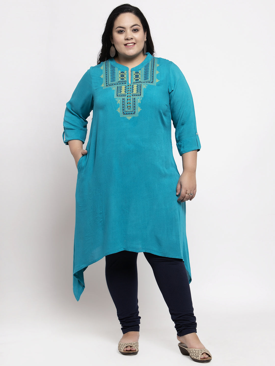 Women Turquoise Blue Yoke Design A-Line Kurta