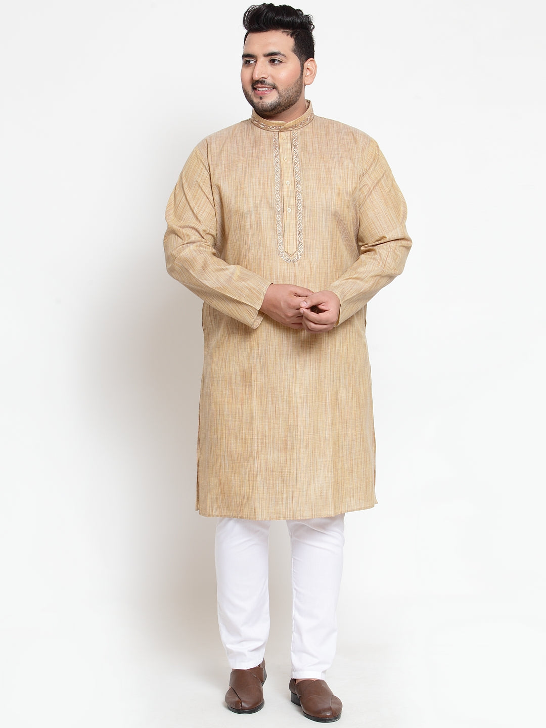 Men Beige & White Solid Kurta with Pyjamas