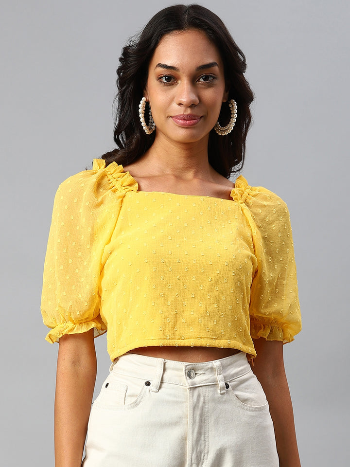 plusS Yellow Self Design Puff Sleeves Crop Top